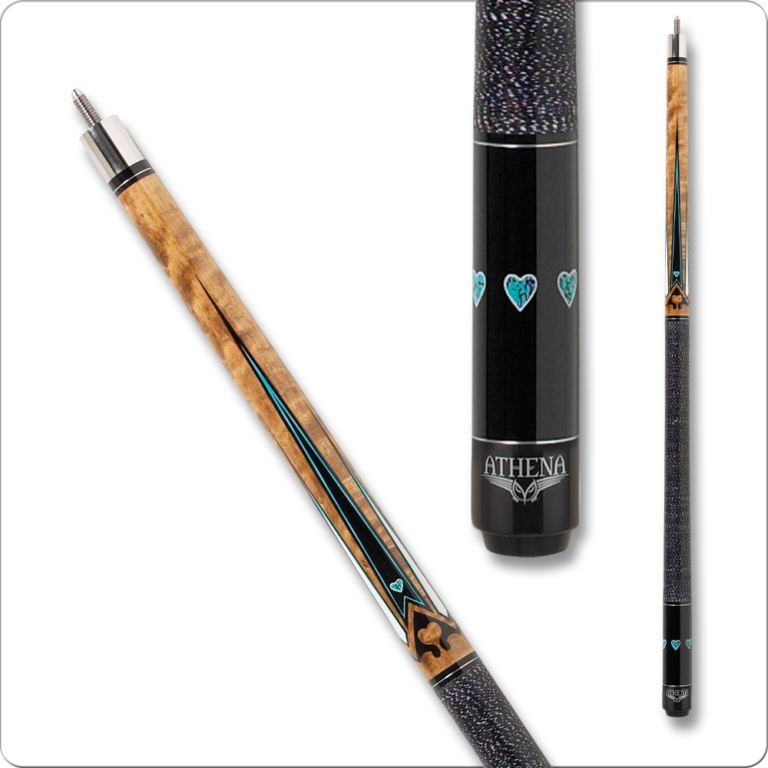 Athena ATH04 cue showcasing a Birdseye Maple handle with turquoise inlays and a sleek black butt, highlighting premium craftsmanship and design.