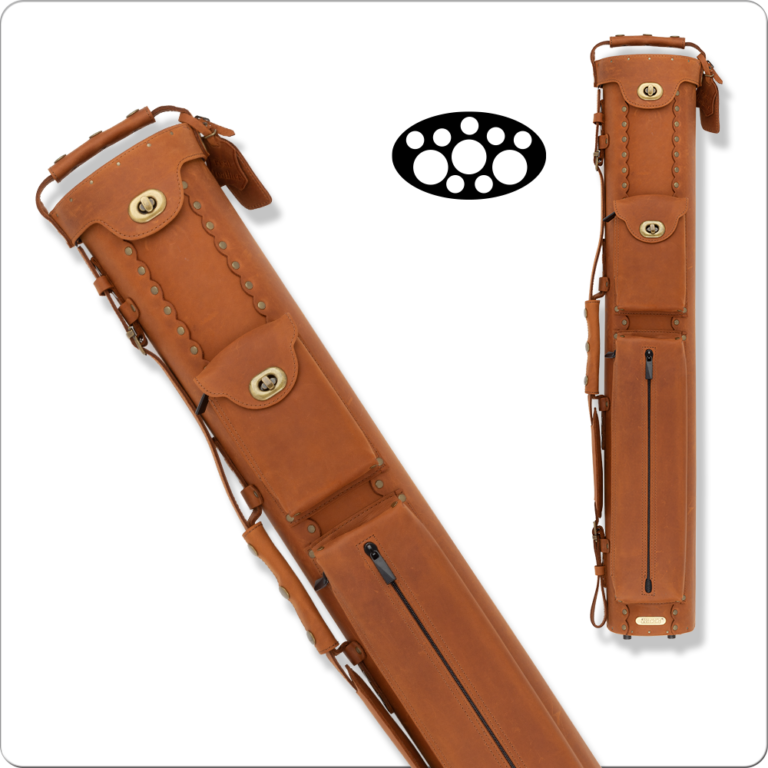 Instroke Buffalo pool cue case, 3x5, brown leather case with protective interior and carrying strap.