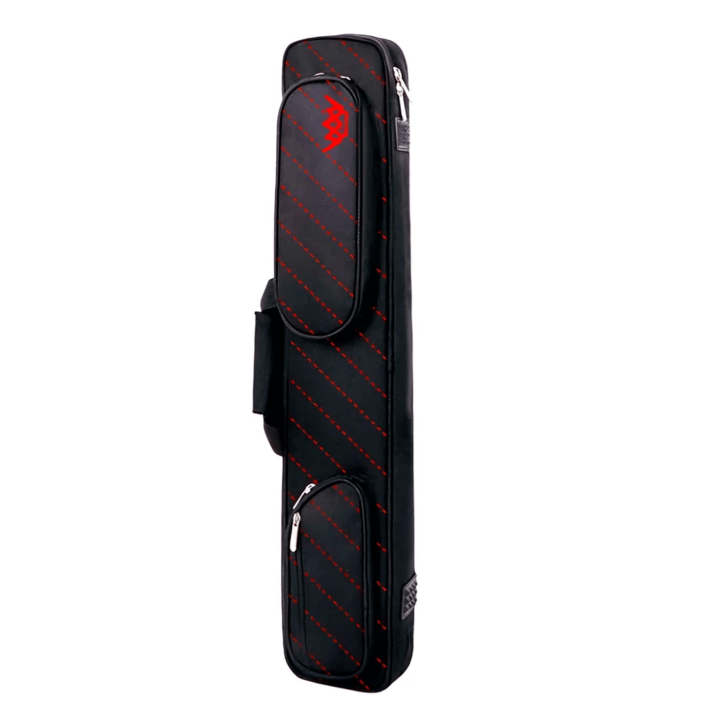 QK-S 3×5 Barracks Soft Case in red with black accents, featuring multiple zippered pockets, designed for transporting pool cues.