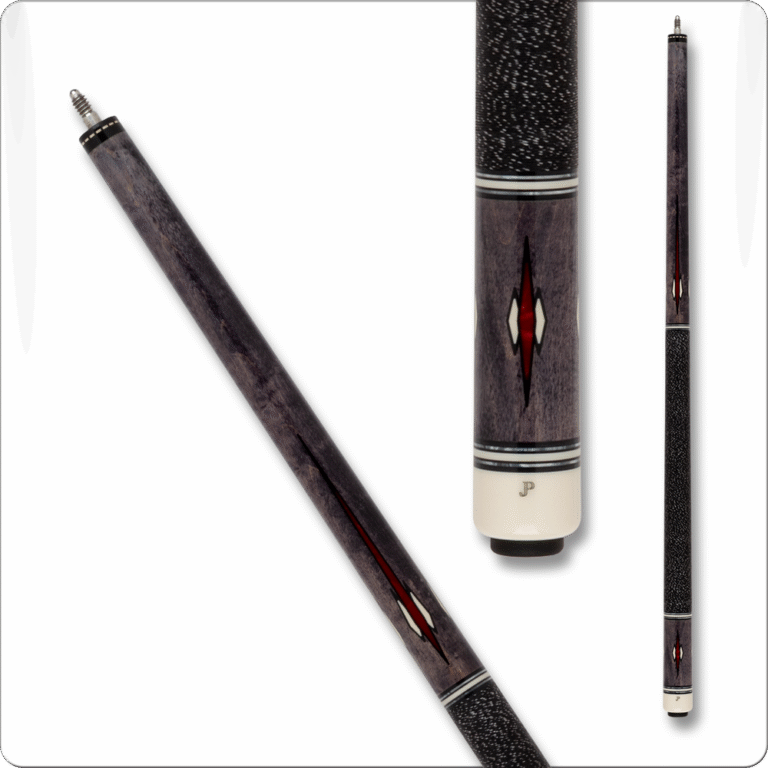 Pechauer JP Series pool cue with black and red accents and wood inlay.