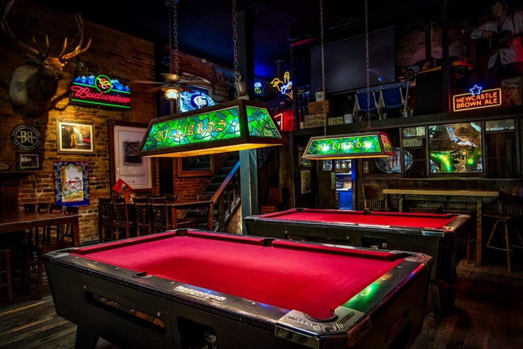 Overhead view of a pool table with balls
