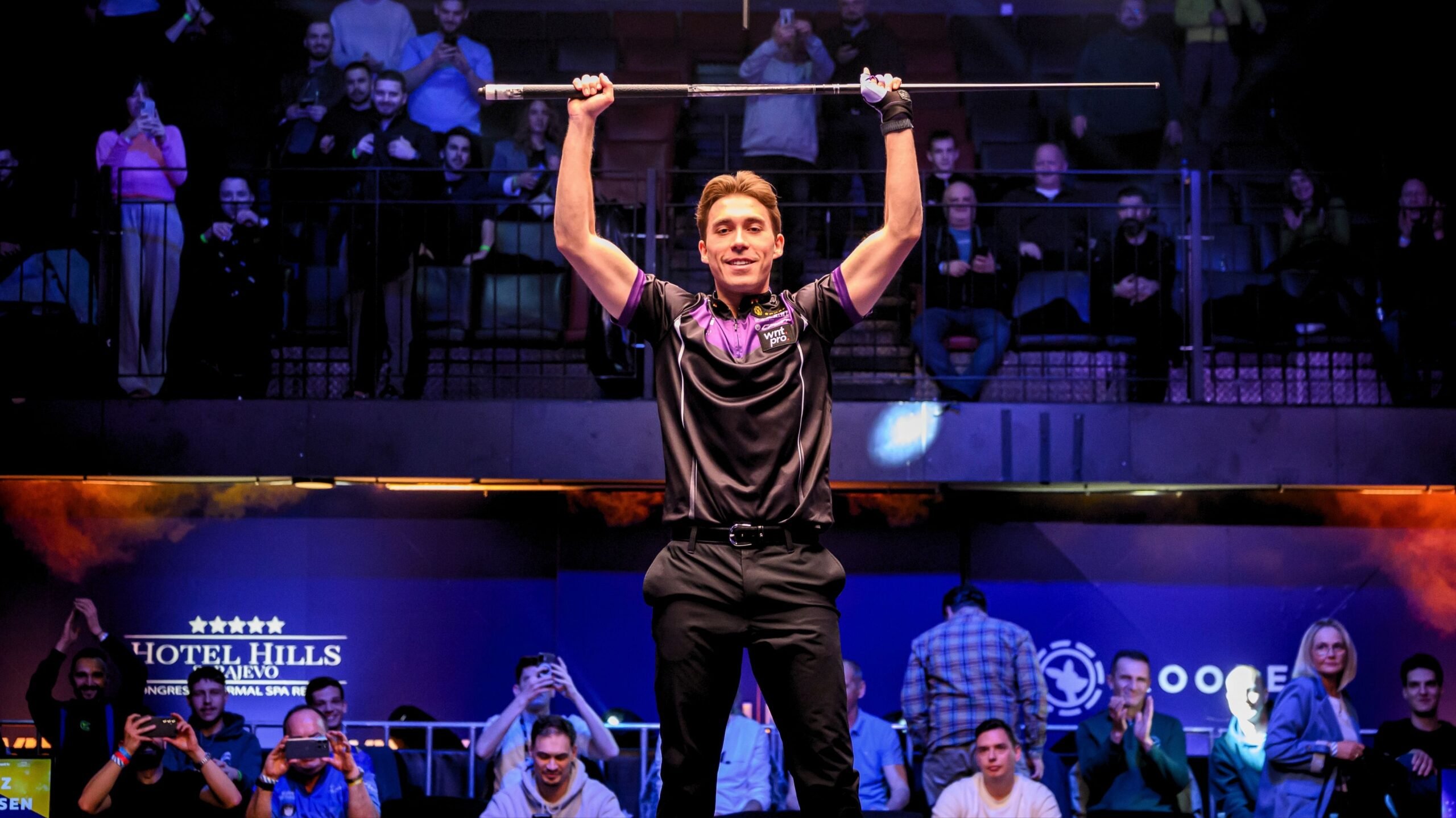 Professional pool player celebrating at the 2026 Roobet European Open in Sarajevo