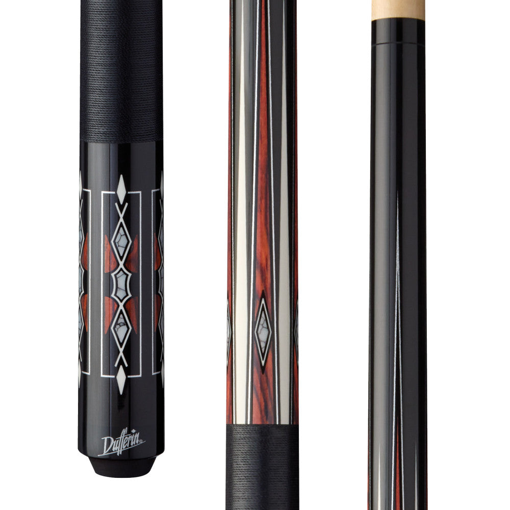 Dufferin Nightframe D-403 pool cue with black and cocobolo forearm, white points, linen wrap and quick-release joint