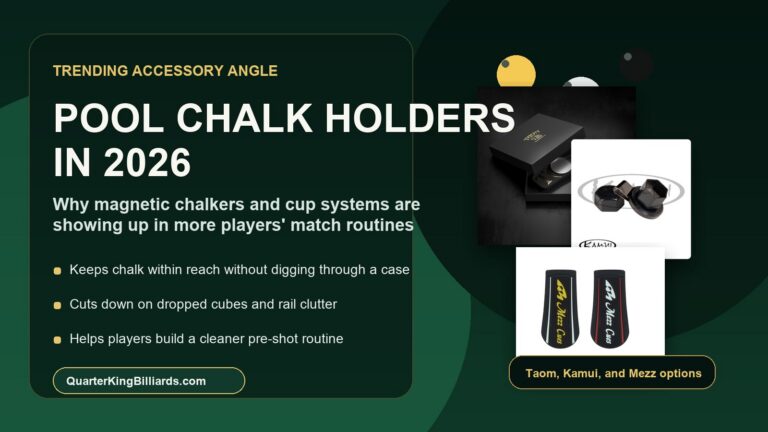 Featured image for a Quarter King Billiards article about pool chalk holders in 2026, showing magnetic chalk holder products on a green background.